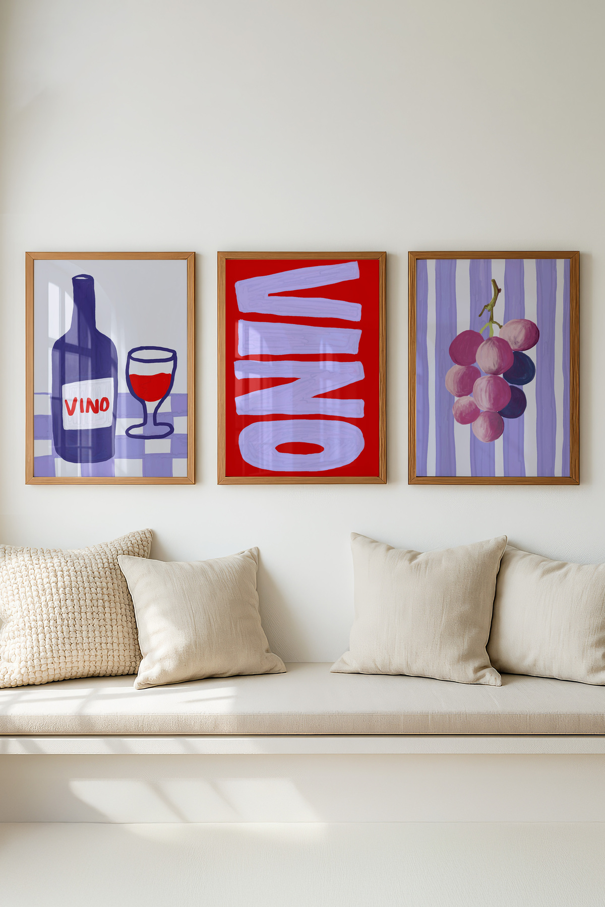 3’lü Şarap Tablo Seti Üzüm VINO Poster Modern Mutfak Duvar Dekoru Çerçevesiz