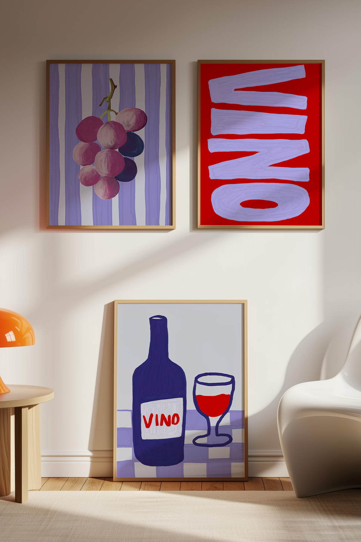 3’lü Şarap Tablo Seti Üzüm VINO Poster Modern Mutfak Duvar Dekoru Çerçevesiz