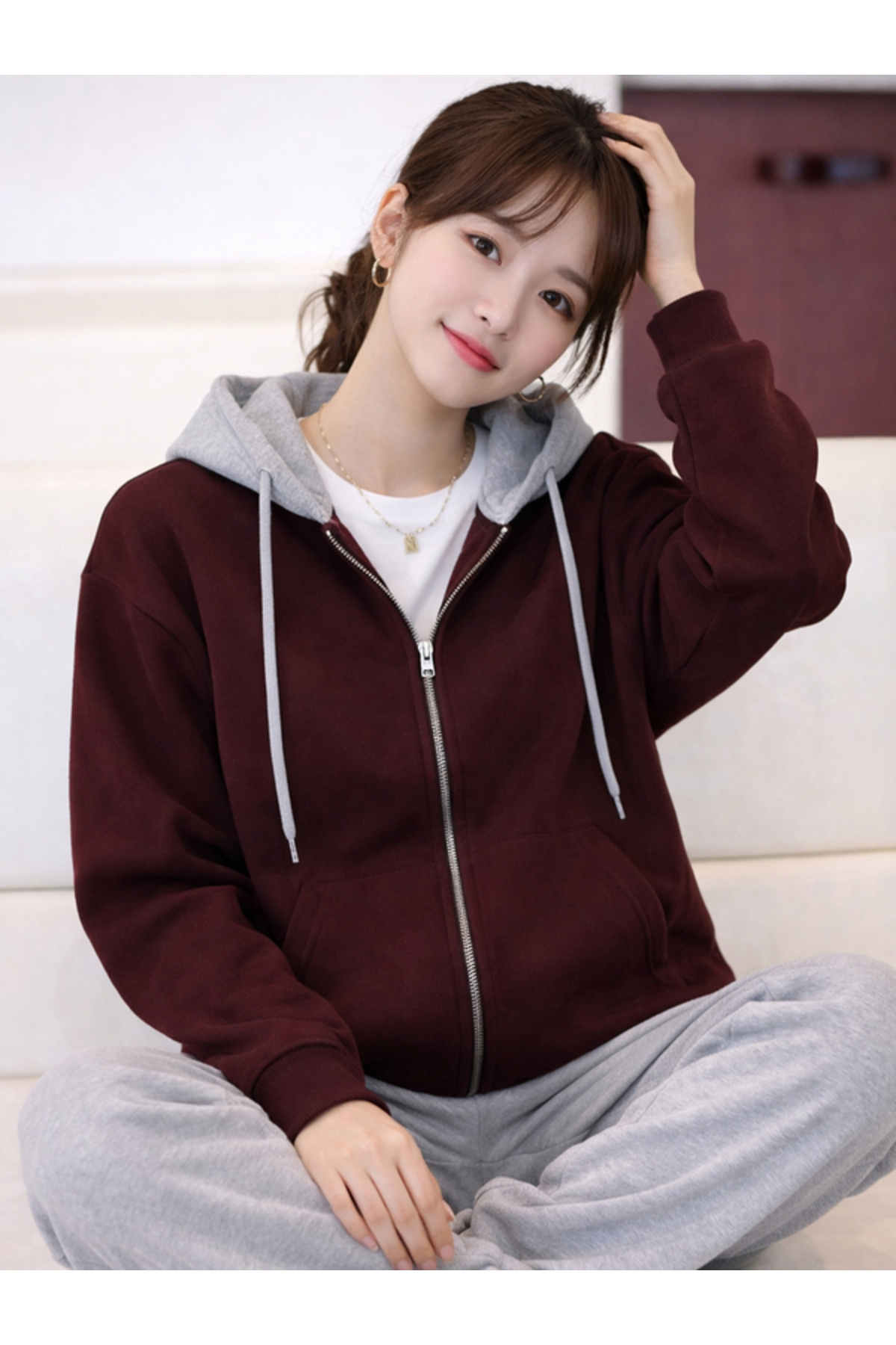 Unisex Bordo Gri Kapüşonlu Oversize Mevsimlik 2 İp Hırka Orta Kalınlık — زرشکی Blokluhırka — تصویر 2 از 5