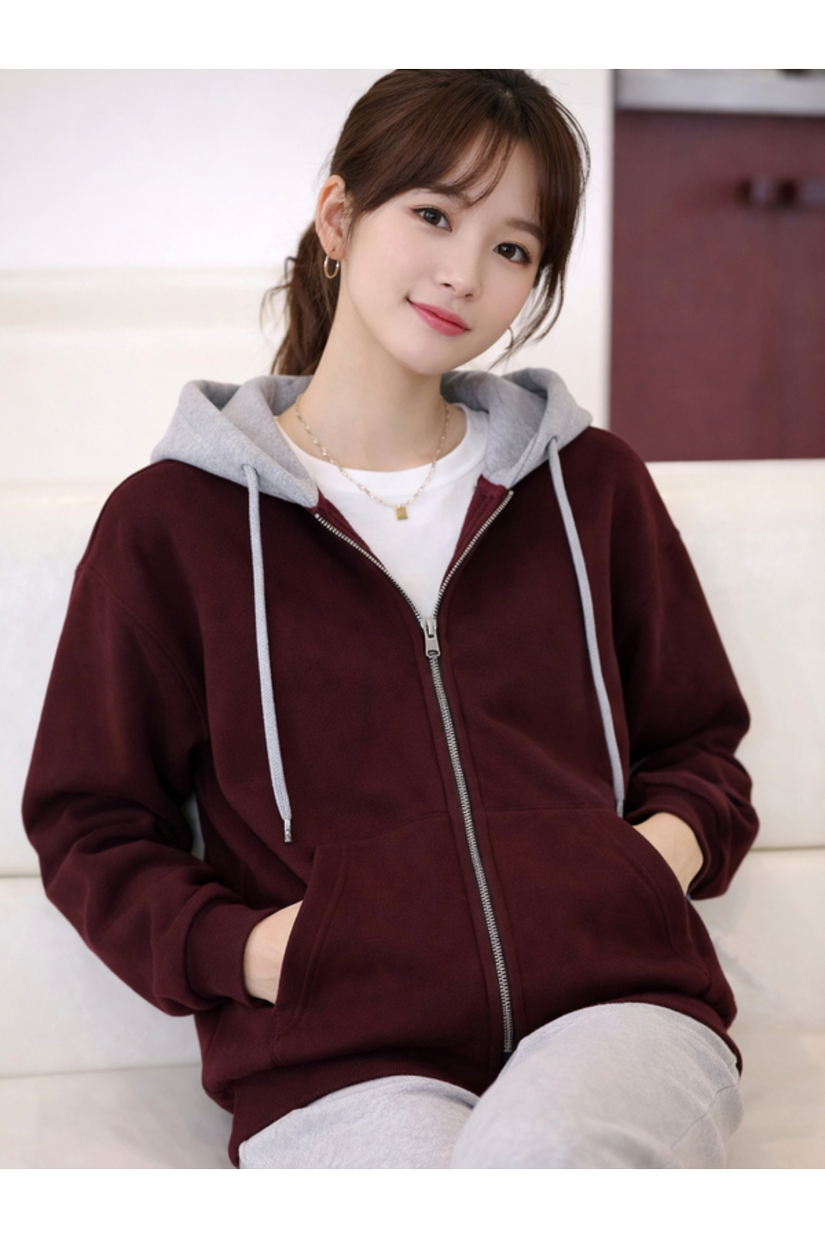 Unisex Bordo Gri Kapüşonlu Oversize Mevsimlik 2 İp Hırka Orta Kalınlık — زرشکی Blokluhırka — تصویر 4 از 5