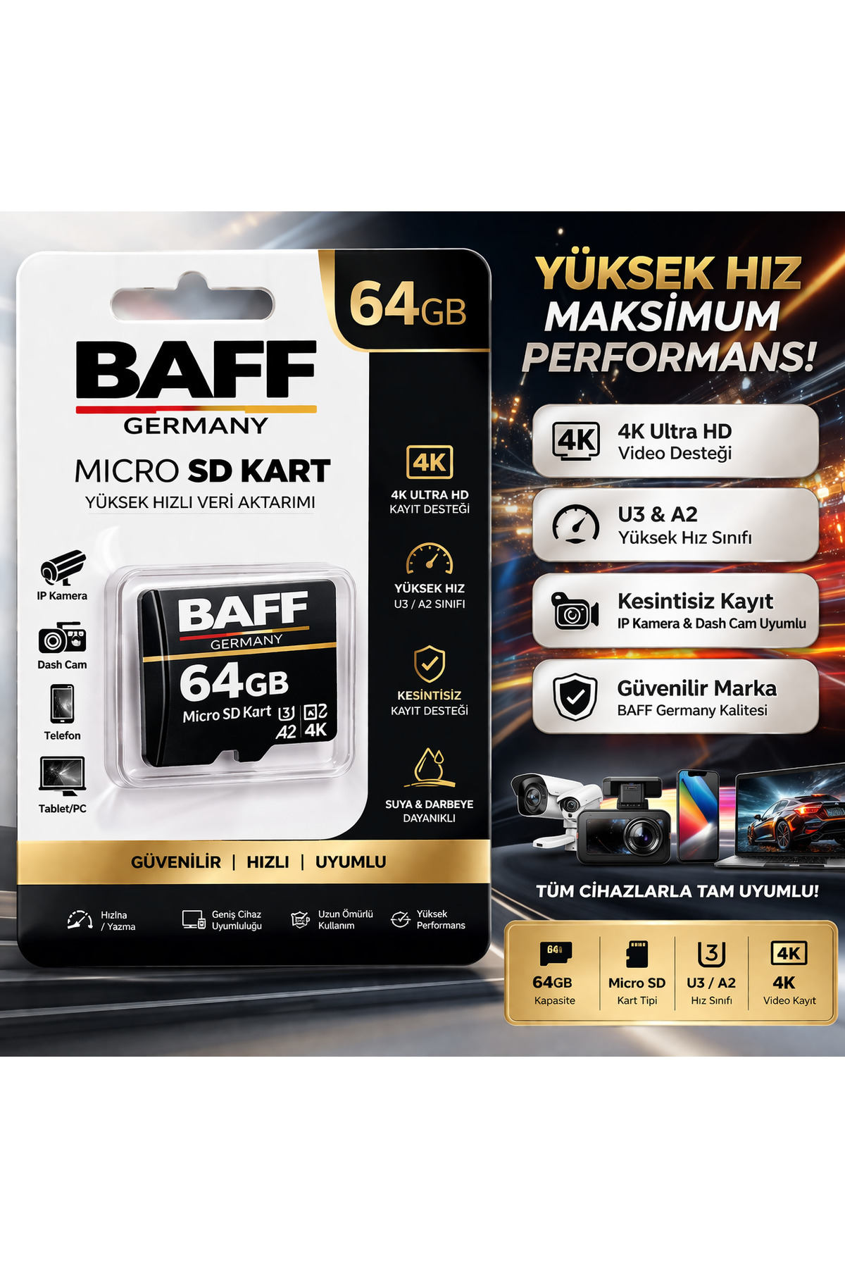 BAFF GERMANY 64GB Micro SD Kart U3 A2 4K Destekli Yüksek Hızlı
