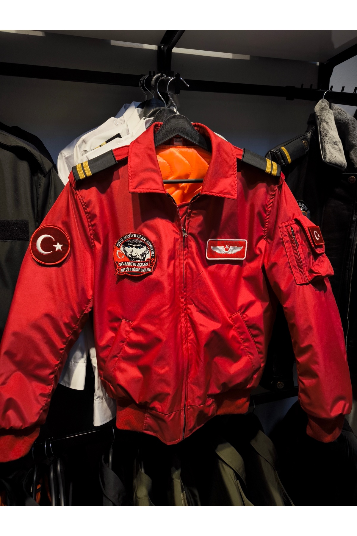 mont Pilot Uçuş Montu - Kırmızı Renk - Bomber görsel 3