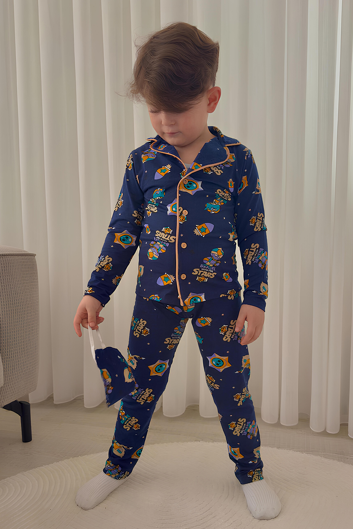 Belya Kids Wear Erkek Çocuk Pamuklu Süet Kumaş 1 Gömlek Yaka Uyku Bantlı Düğmeli Uzun Kollu Pijama Takımı fotoğrafı 5 (önizleme)
