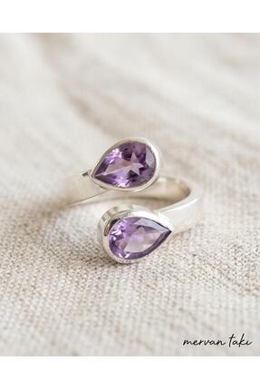 MERVAN TAKI El Yapımı 925 Ayar Gümüş Damla Kesim Ametist Taşlı Ayarlanabilir ...