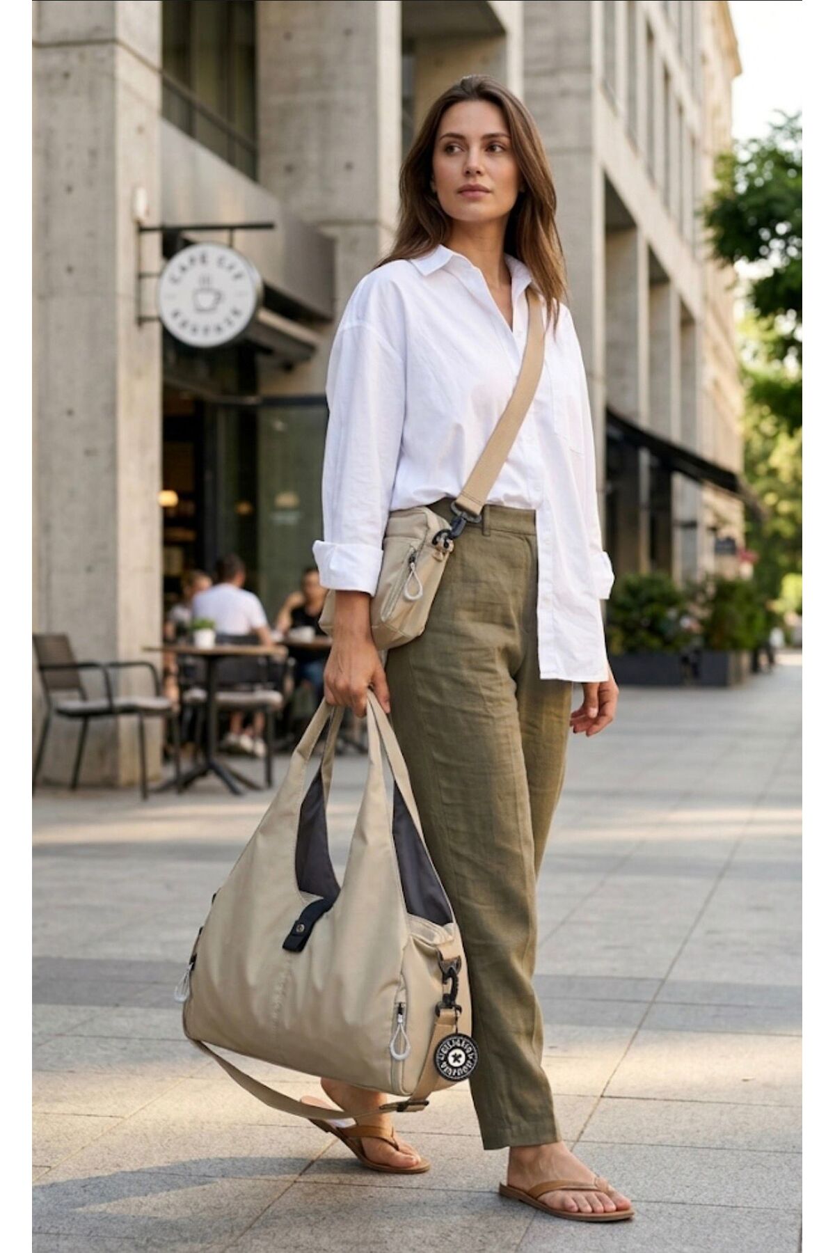 Taupe and Black TUNUS Crinkle-Style Women's Multi-Compartment Handbag, Shoulder and Crossbody Bag - Spacious görünüm 3