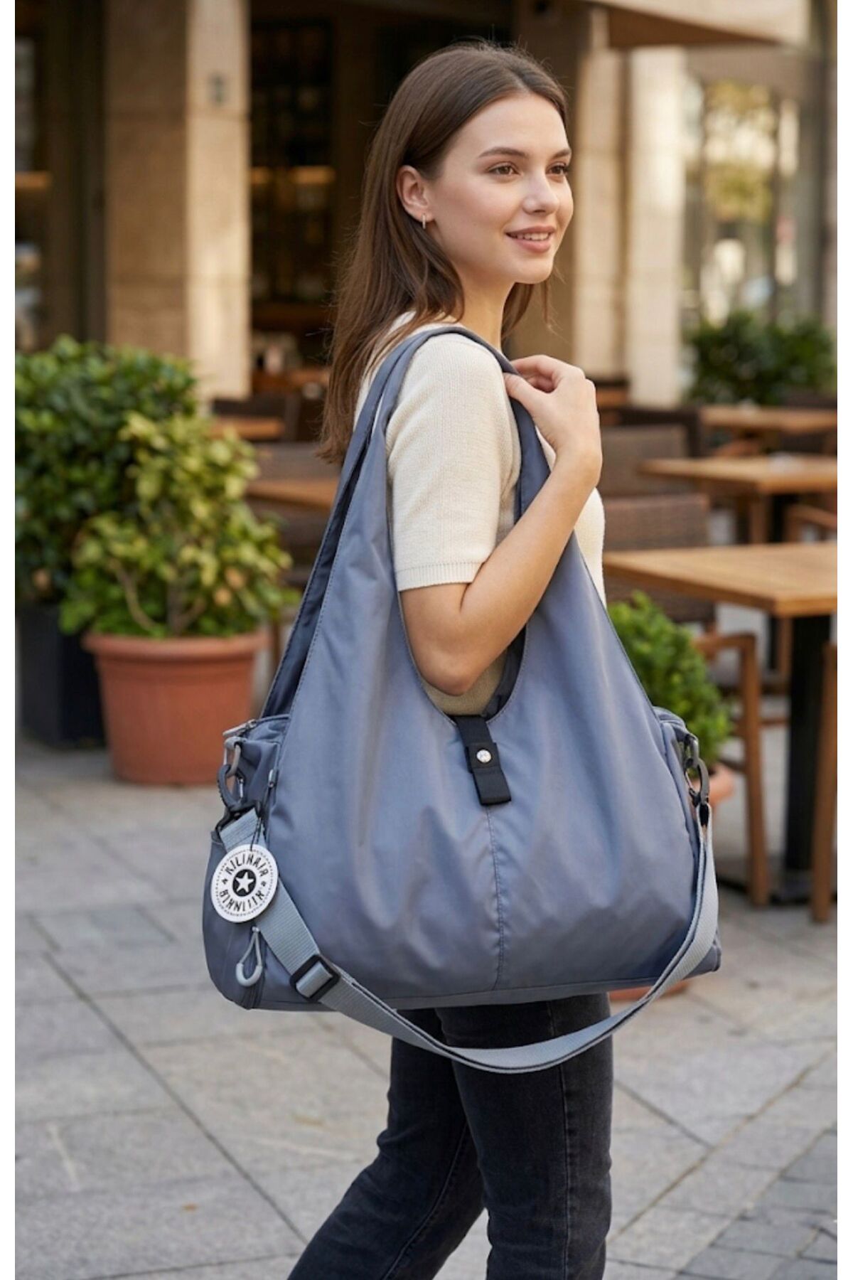 Gray TUNUS Crinkle-Style Women's Multi-Compartment Handbag, Shoulder and Crossbody Bag - Spacious görünüm 3