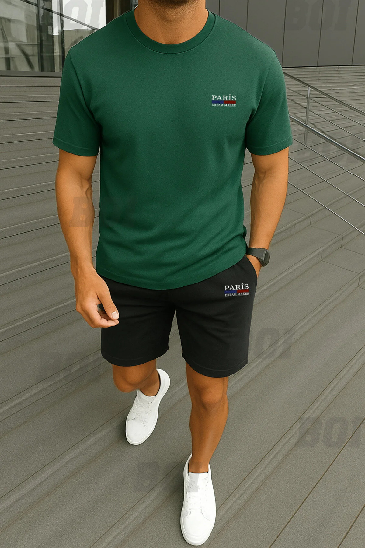 Men's Minimal Paris Dream Maker T-Shirt Shorts - White Black Shorts T-Shirt Bottom Top Set Crew Neck