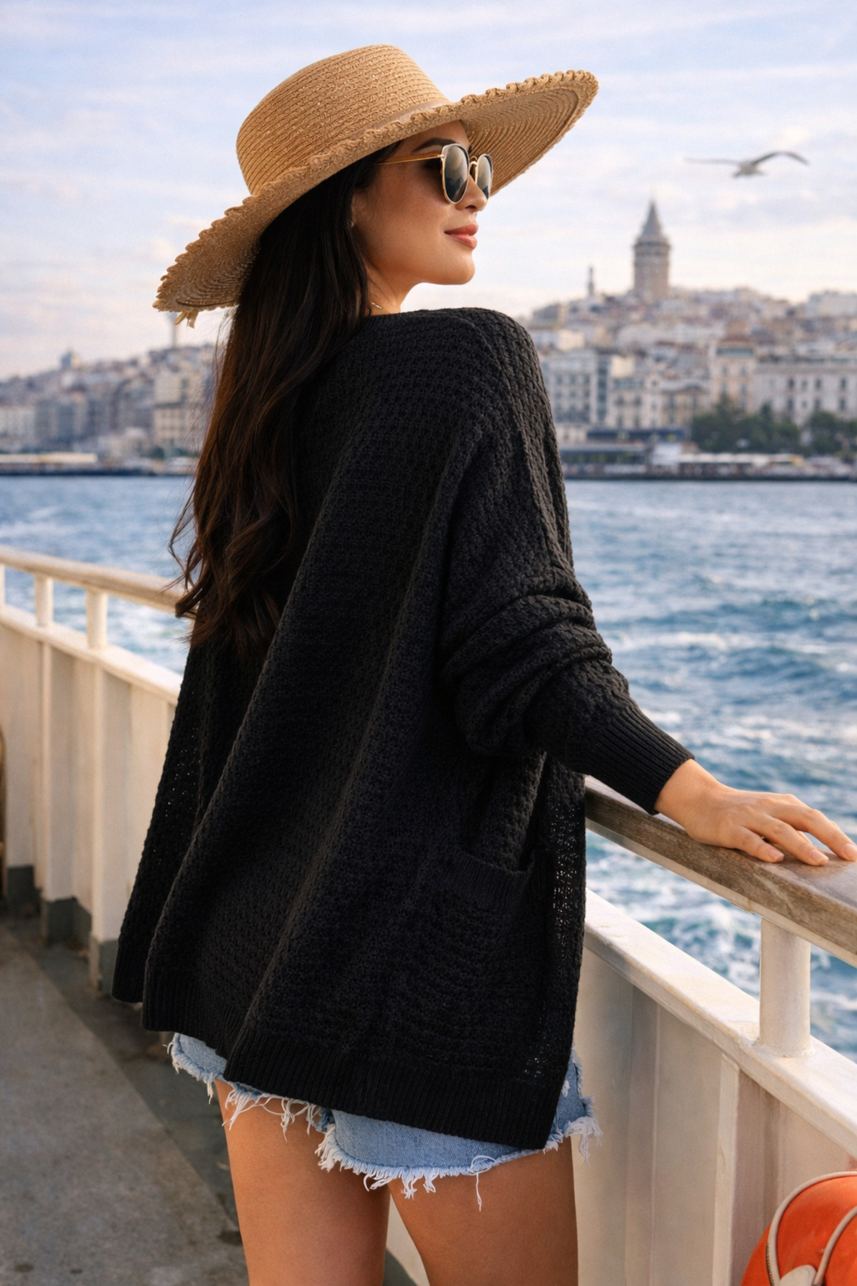 FİFTY ONE  Kadın Siyah Ajurlu Triko Hırka Oversize Salaş Yazlık Kimono Hırka - Görsel 2