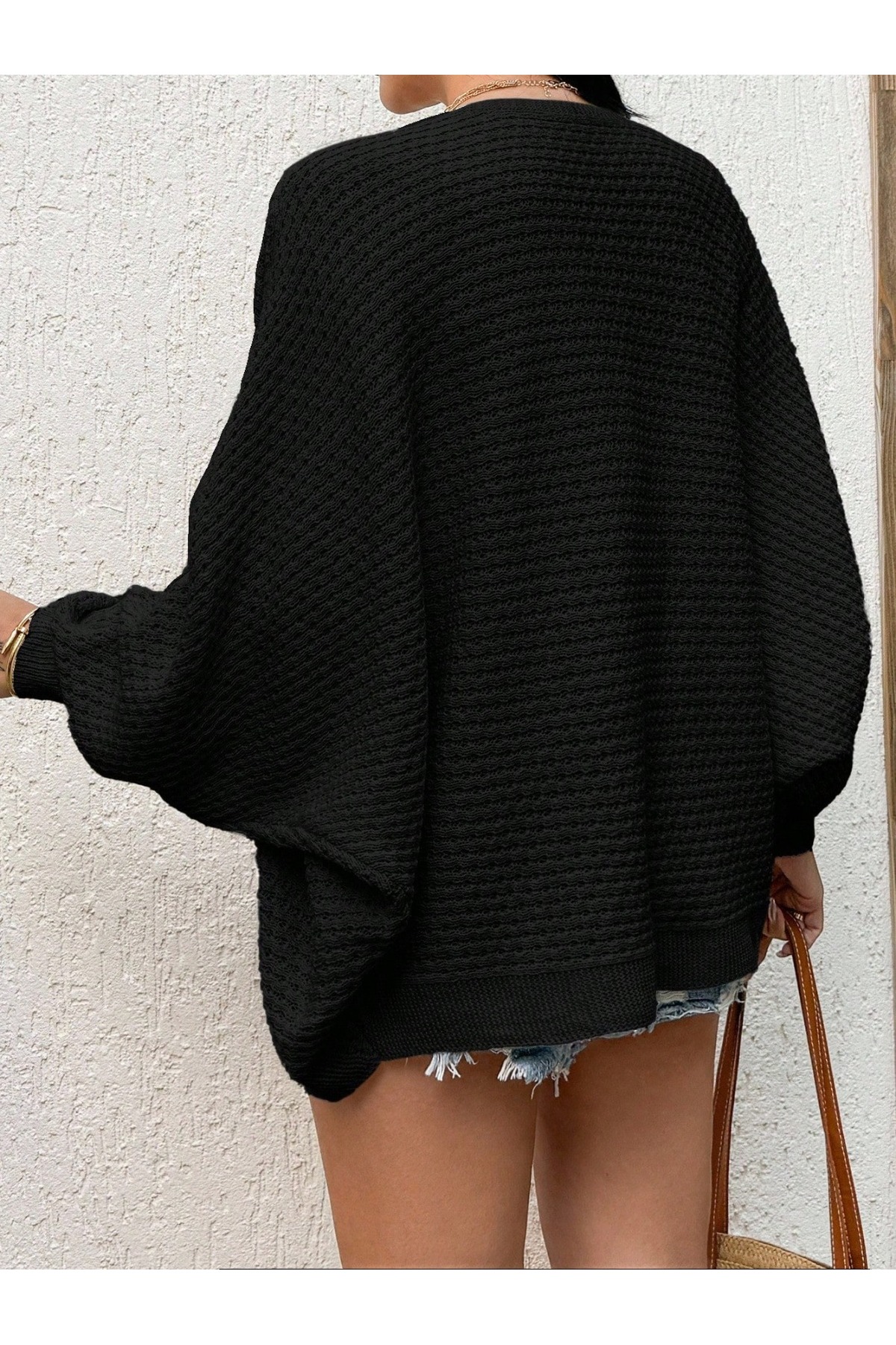 FİFTY ONE  Kadın Siyah Ajurlu Triko Hırka Oversize Salaş Yazlık Kimono Hırka - Görsel 5