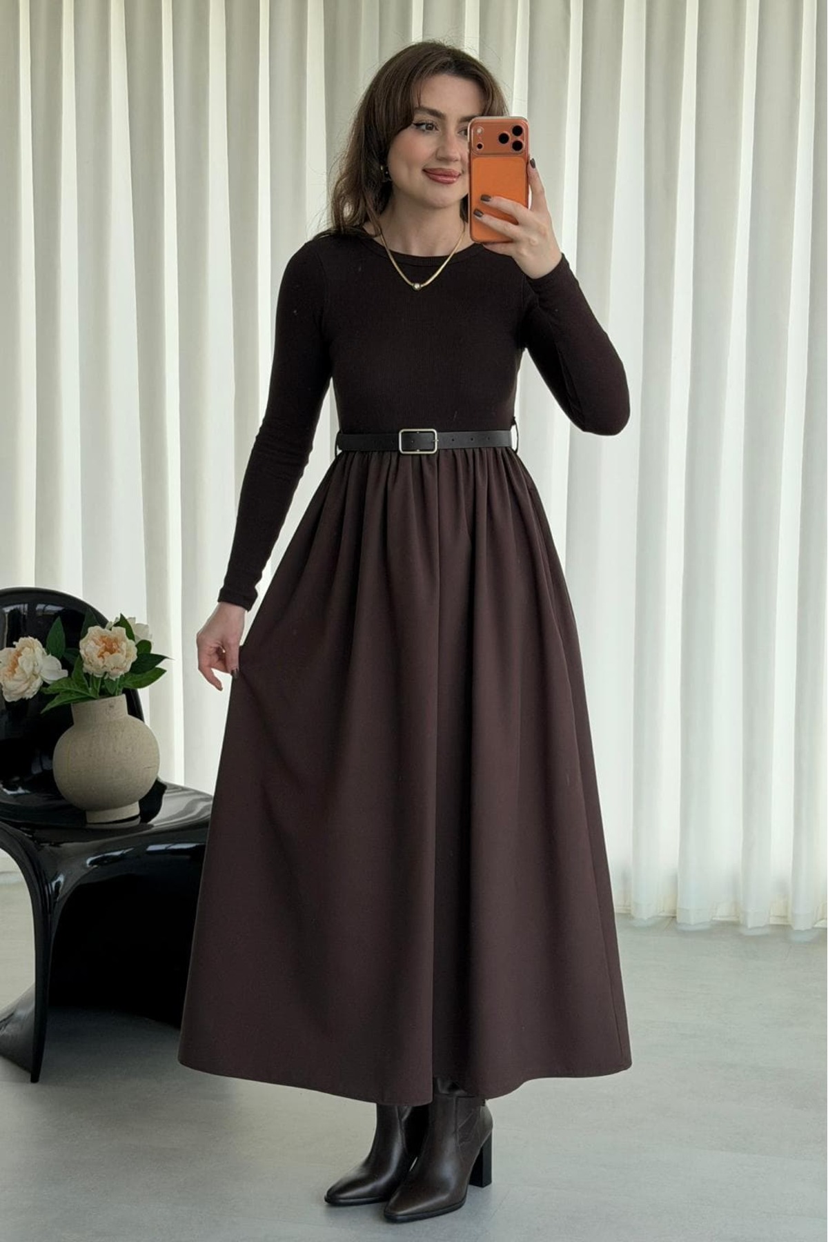 MaziButik Kemerli Poplin Detay Elbise görsel 3