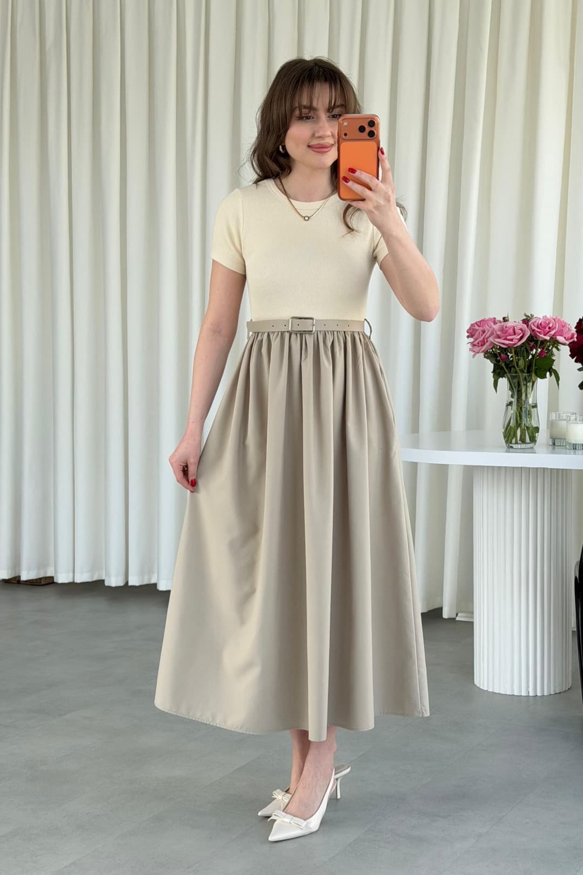 MaziButik  Kısa Kol Kemerli Poplin Detay Elbise - Görsel 6