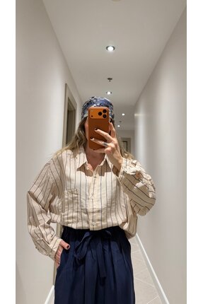 Duya Butik ZEMİN TAŞ LACİVERT ÇİZGİLİ OVERSIZE GÖMLEK