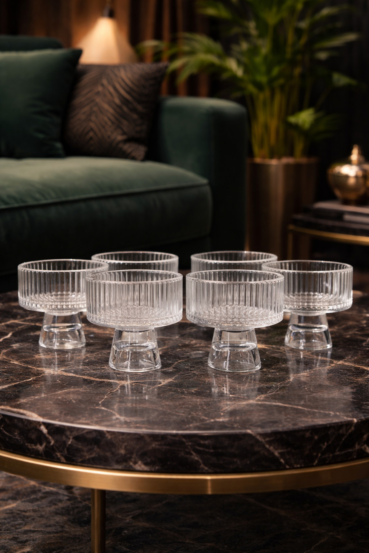 6 lı Origami Çizgili Cam Lokumluk Şekerlik | Elysia Çizgili Ayaklı Kahve Yanı Sunumluk | 70ml