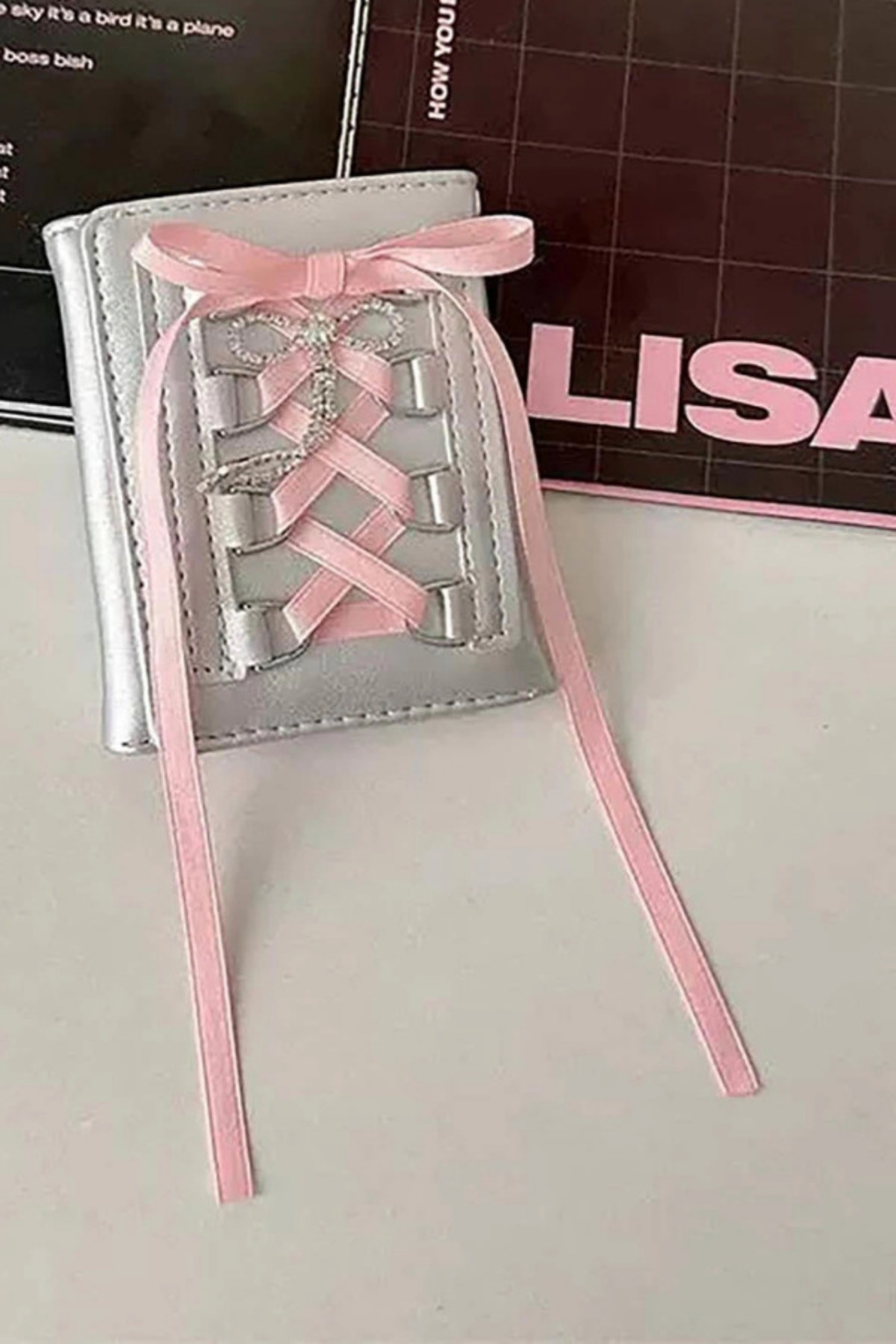 shop Gri Renk Pembe Kurdele Detaylı Kadın Cüzdan/ Kartlık görsel 2