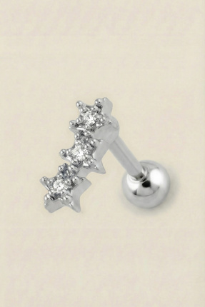 Hetra Gümüş Renkli Cerrahi Çelik Üçlü Yıldız Zirkon Taşlı Tragus Piercing – H...