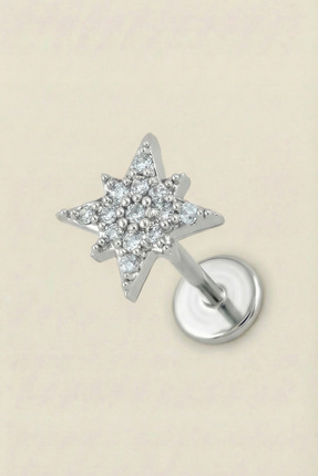 Hetra Gümüş Renkli Cerrahi Çelik Zirkon Kutup Yıldızı Figürlü Flatback Pierci...