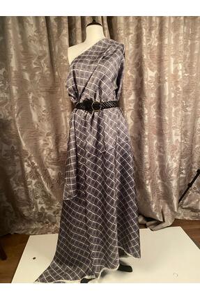 Tasarım ve Marka Kumaşlar Beyaz Zemin Gri Geometrik Desenli Metrelik İpek Kumaş