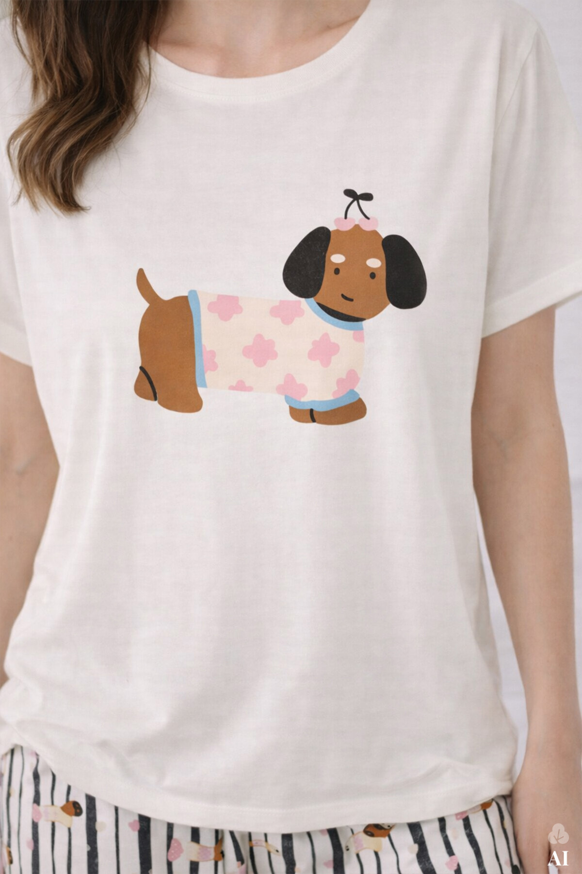 koza iç giyim Kadın Pamuklu Renkli Köpek Baskılı Örme Pijama Takımı görsel 4