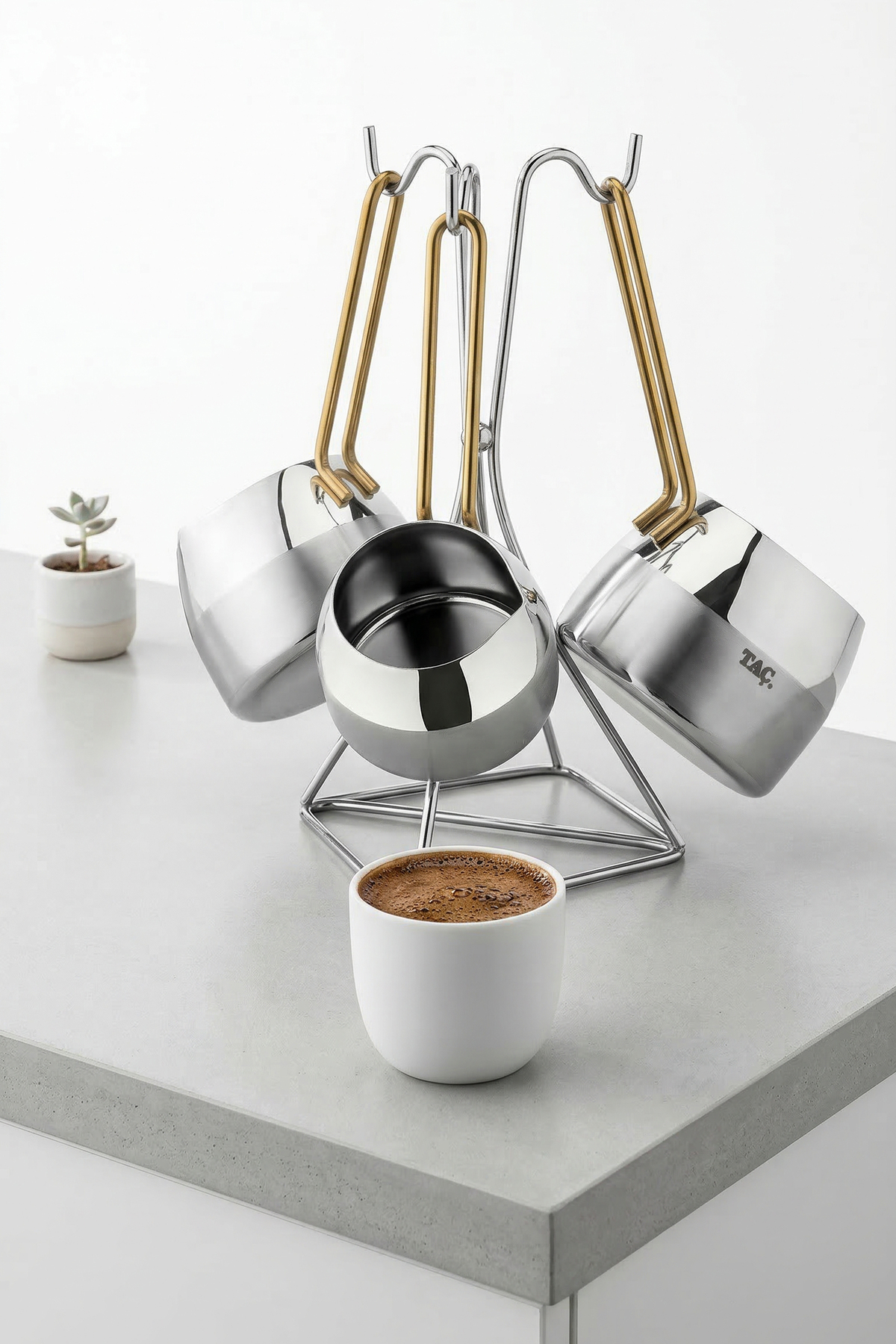طقم قهوة من الفولاذ المقاوم للصدأ مع حامل 3 قطع لو...