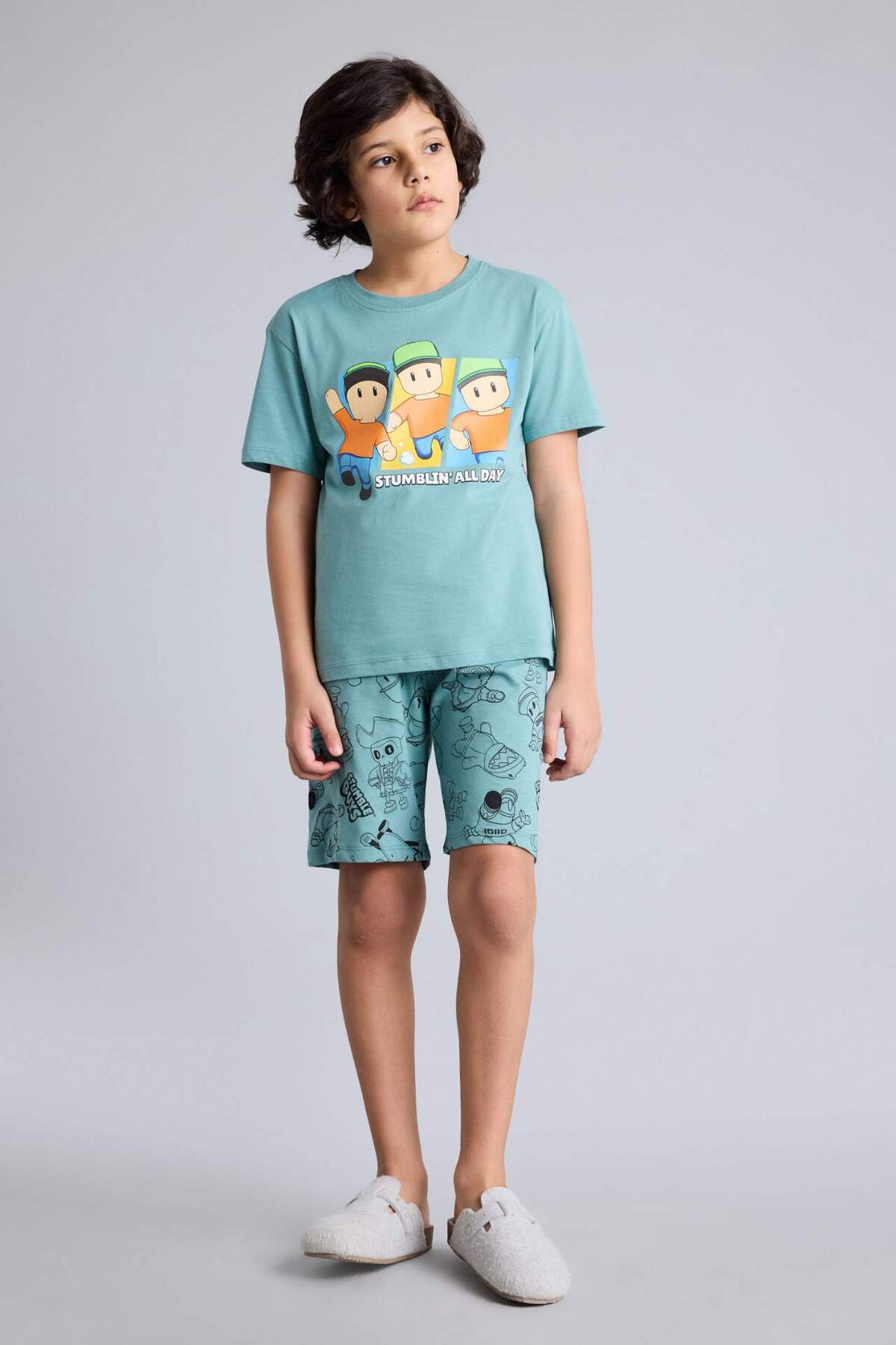 Defacto 100% Cotton Printed 2-Piece Pajama Mint Green Set for Boys G9087A826Sm