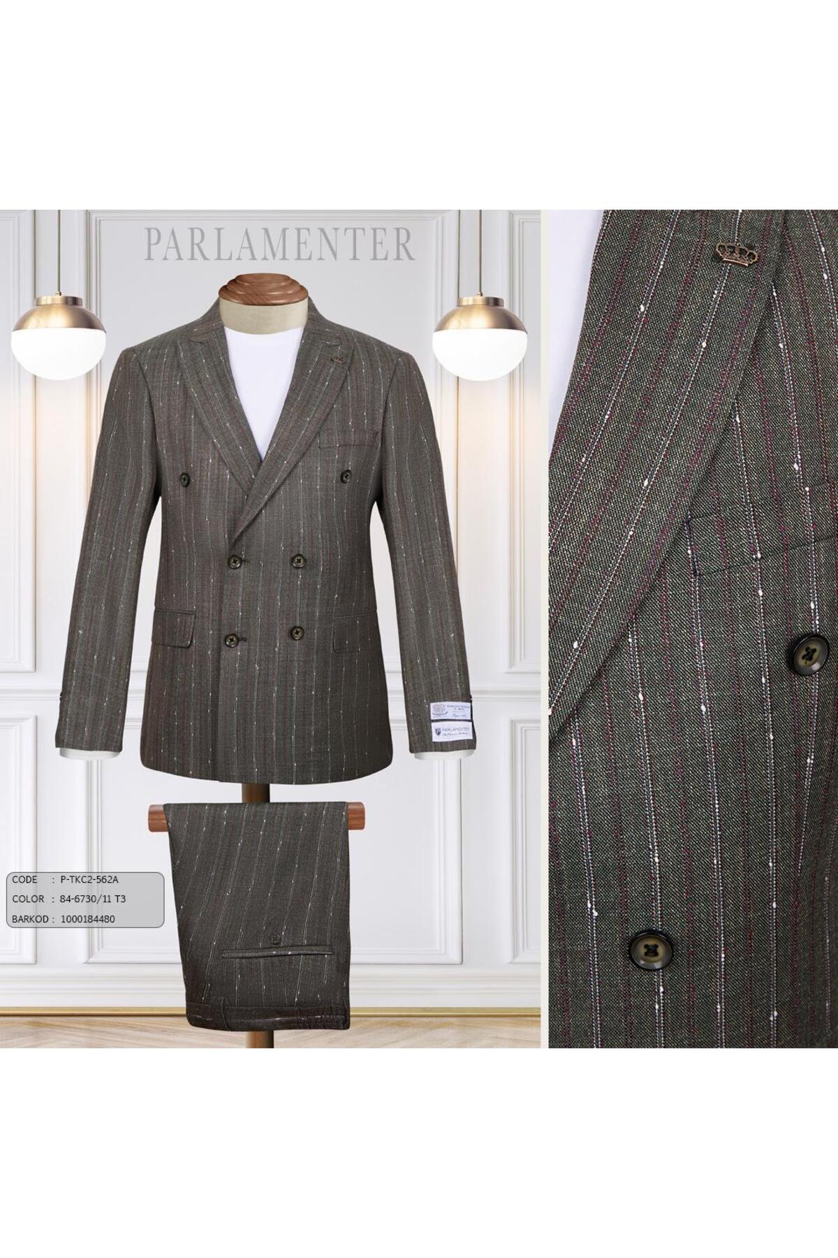 PARLAMENTER Fabio Cassel Kurvaze Takım Elbise Erkek Premium Slim Fit Çizgili Klasik görsel 4