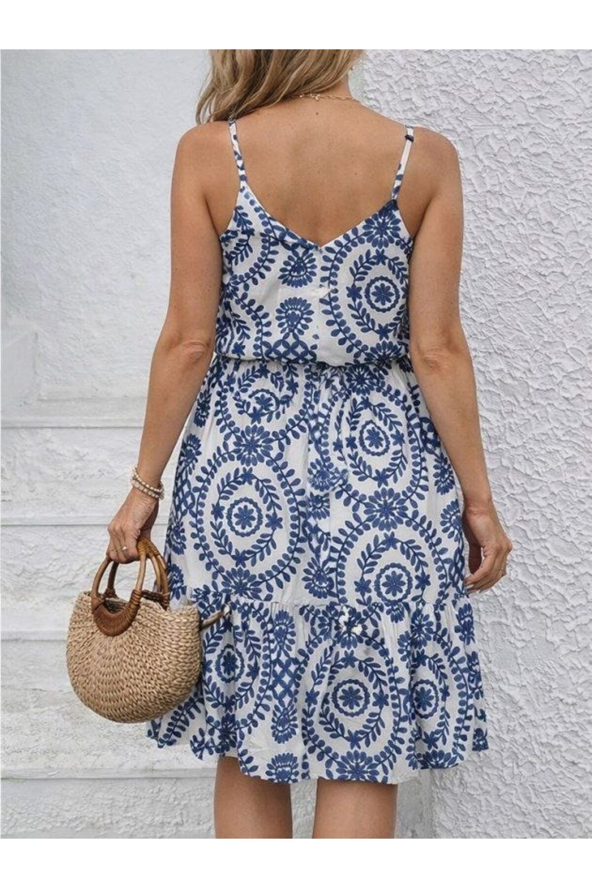 Kokosh moda  Kadın İp Askılı V Yaka Düğmeli Mini Desenli Yazlık Elbise - Görsel 6