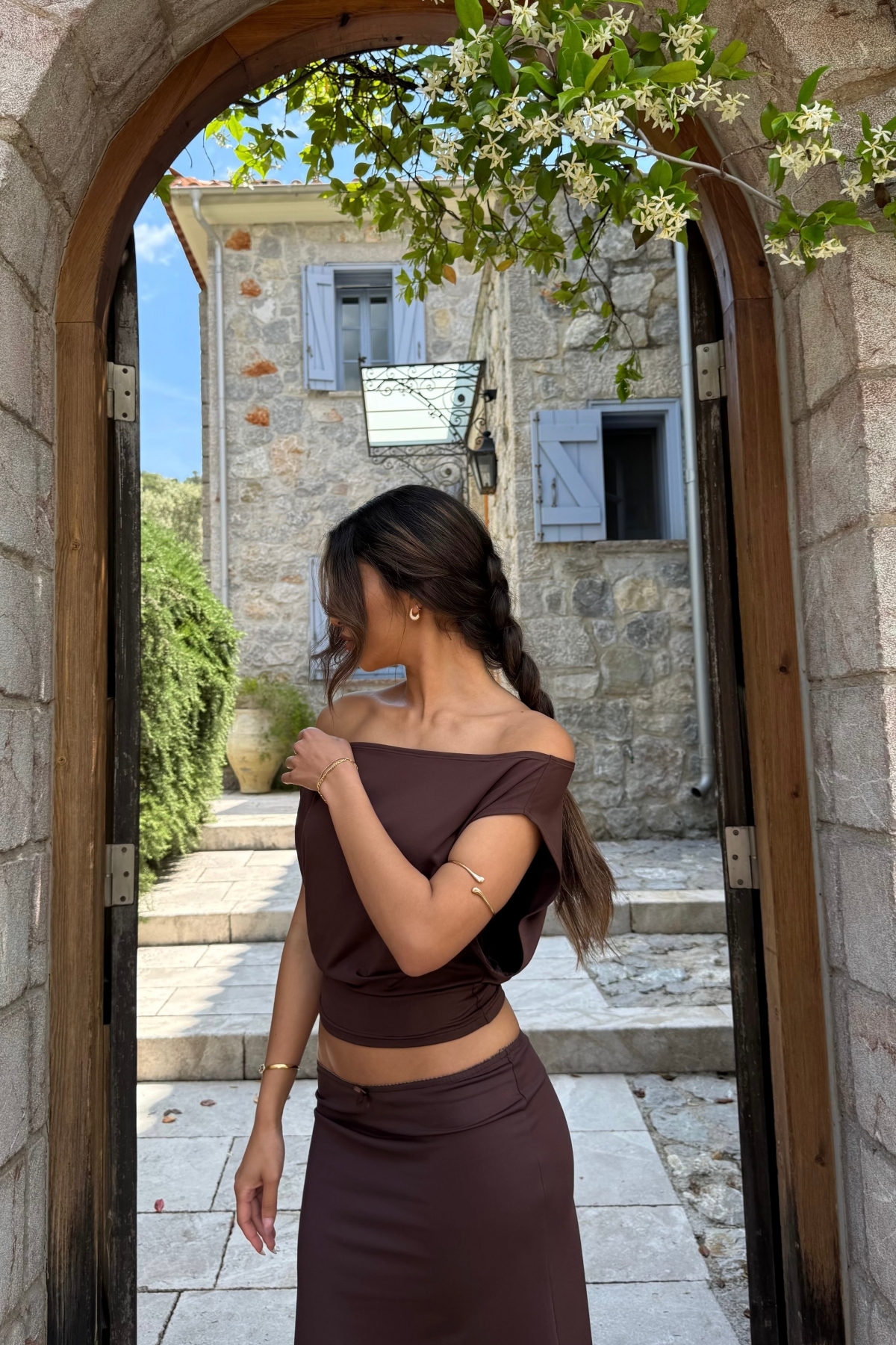World Fashion Trends  KAHVE Ultra Soft Premium Kumaş Bele Oturan ESNEK Crop Top Bluz WFT9411 - Görsel 3