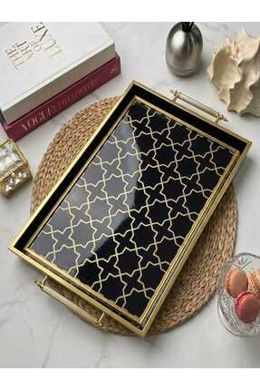Öykü Şık Kahve Sunum Tepsisi - Altın Detaylı Siyah Desenli Hediye Dekoratif Obje