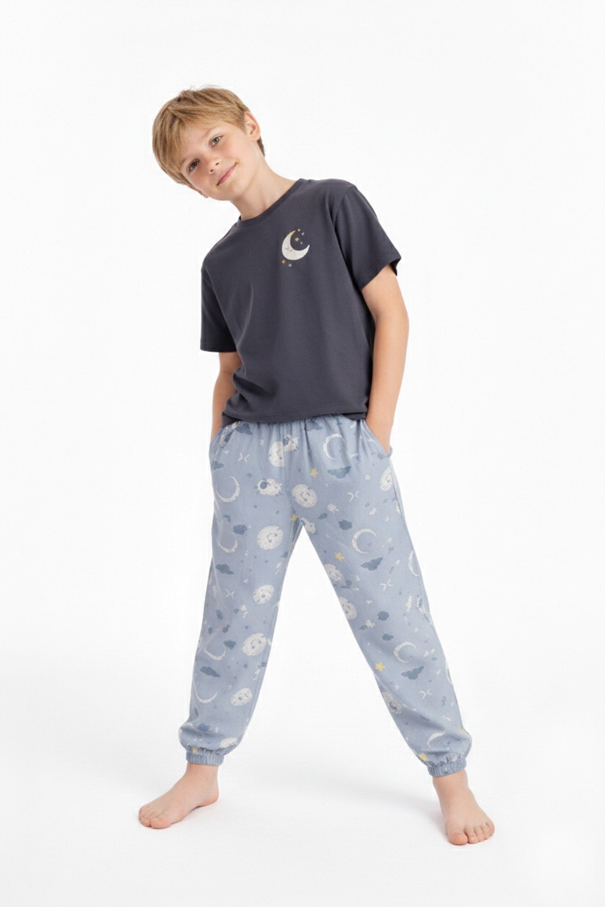 SERRASTIL Erkek Çocuk Baskılı Gri Renk %100 Pamuk Süprem Kısa Kollu Pijama Takımı fotoğrafı 4 (önizleme)