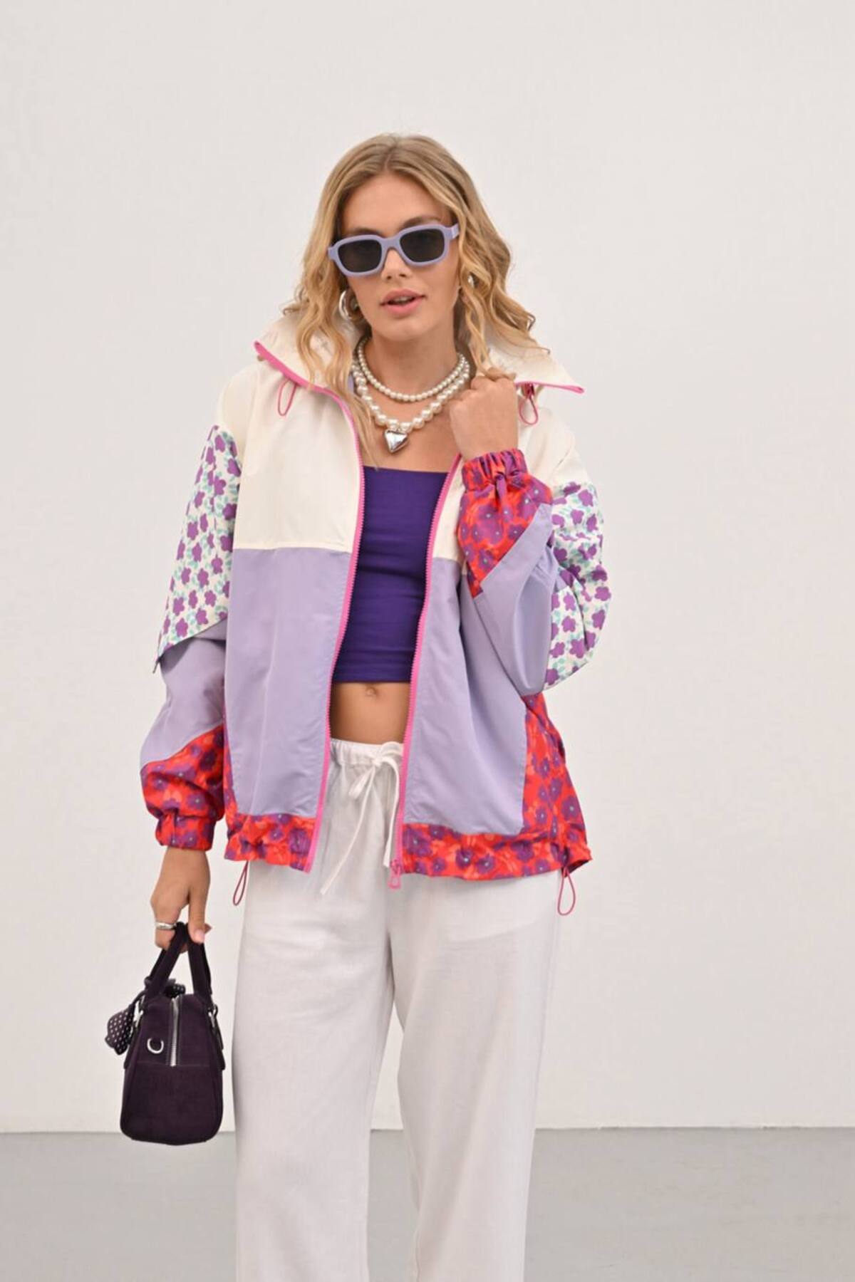 İLKCET MODA Çiçek Desenli Neon Kadın Yağmurluk görsel 4