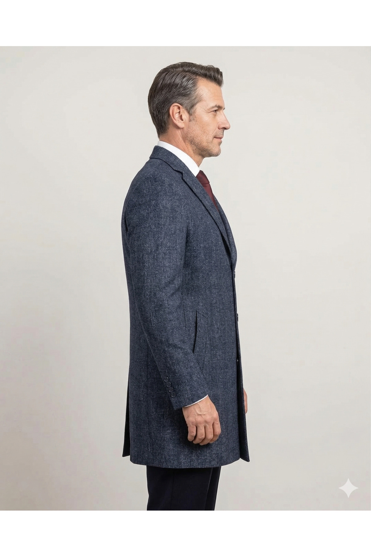 FABIO CASSEL  Lacivert Ekose Uzun Ceket – 3 Düğmeli, Yan Cep Detaylı, Klasik Kesim Erkek Ceket - Görsel 2
