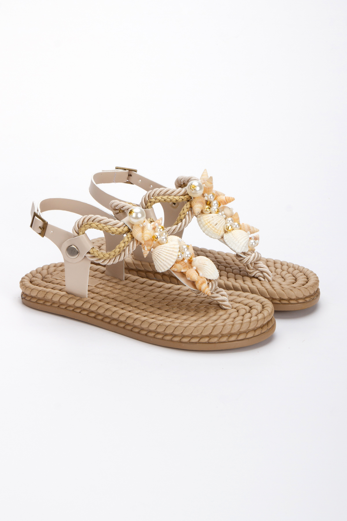 HAYAT SHOES Hasır Parmak Arası Dikme Taşlı Deniz kabuklu İncili Bej Kadın Sandalet görsel 4