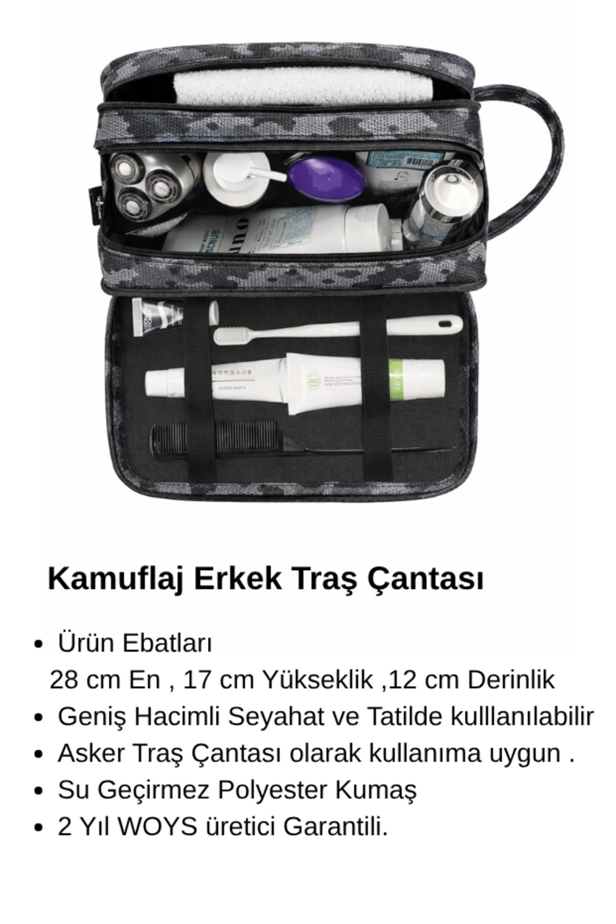Woys Bags Kamuflaj Desen Erkek Tıraş Takımı Çantası-Premium Erkek Kozmetik El Çantası görsel 4
