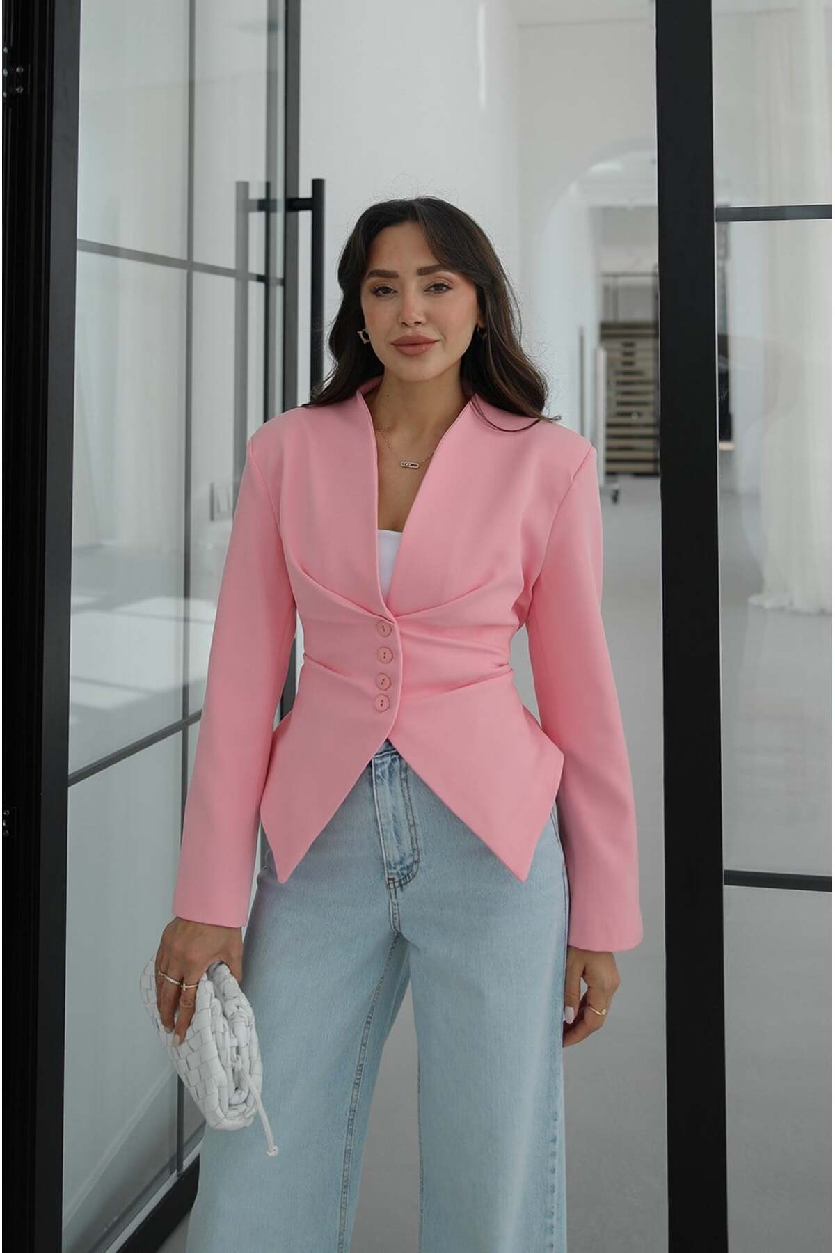 Pink Tie Back Detailed Blazer Jacket