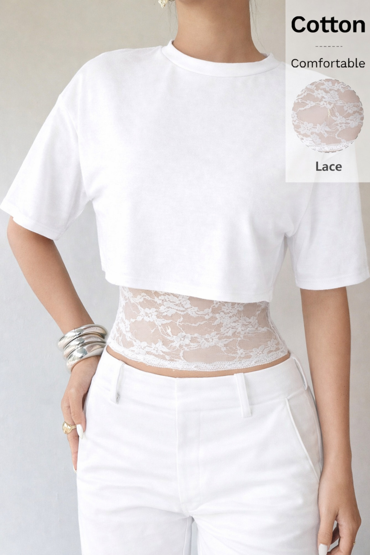 Wild Flower  Beyaz 2Li Crop Tişört Atlet Dantel Detaylı Yuvarlak Yaka Şık Üst Bluz - Görsel 7