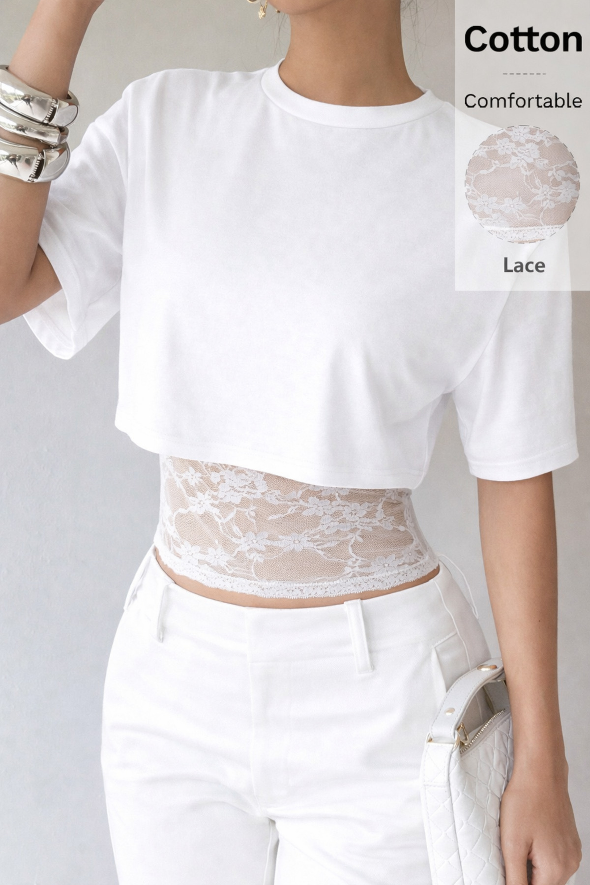 Wild Flower  Beyaz 2Li Crop Tişört Atlet Dantel Detaylı Yuvarlak Yaka Şık Üst Bluz - Görsel 6