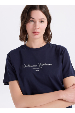 Jeep Bisiklet Yaka Baskılı Lacivert Kadın T-Shirt J6SL-TST7112