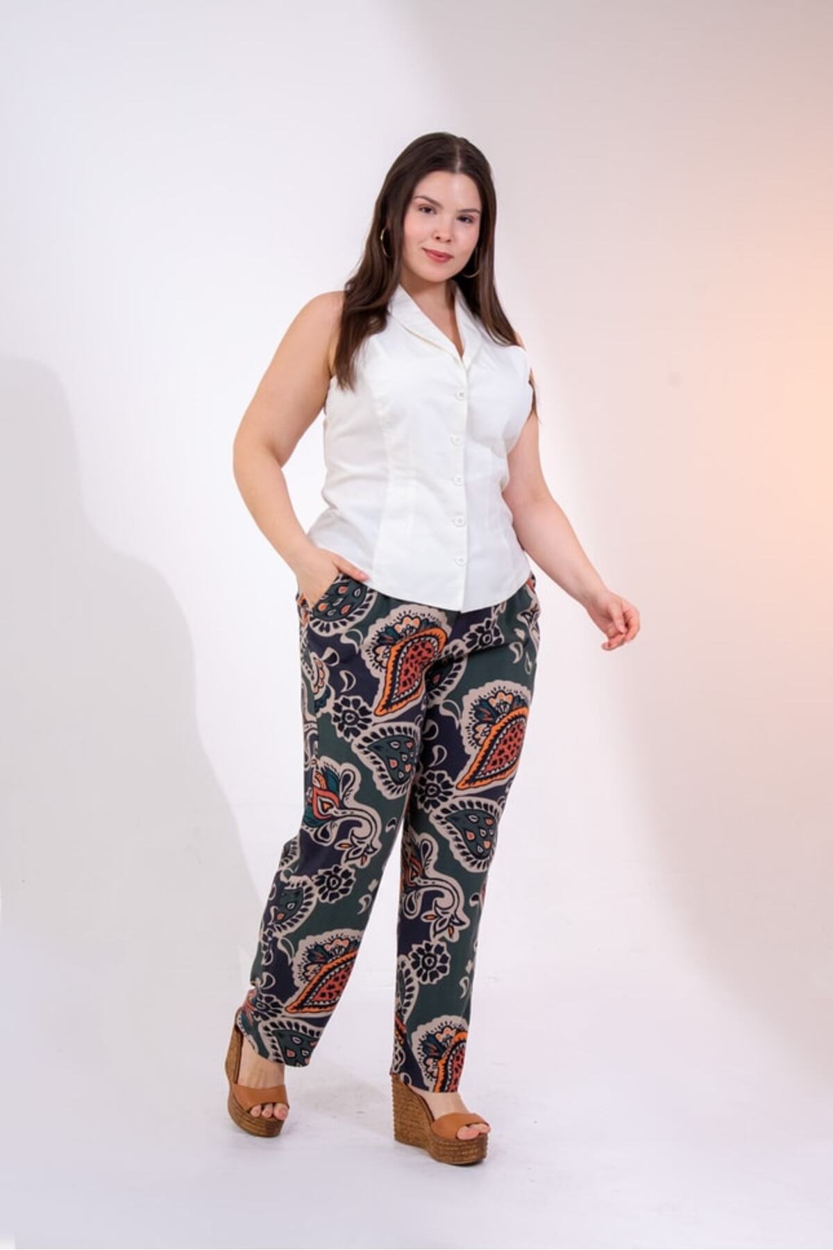 Roxxlen  Kadın Büyük Beden Beli Pileli Cepli Pantolon Haki