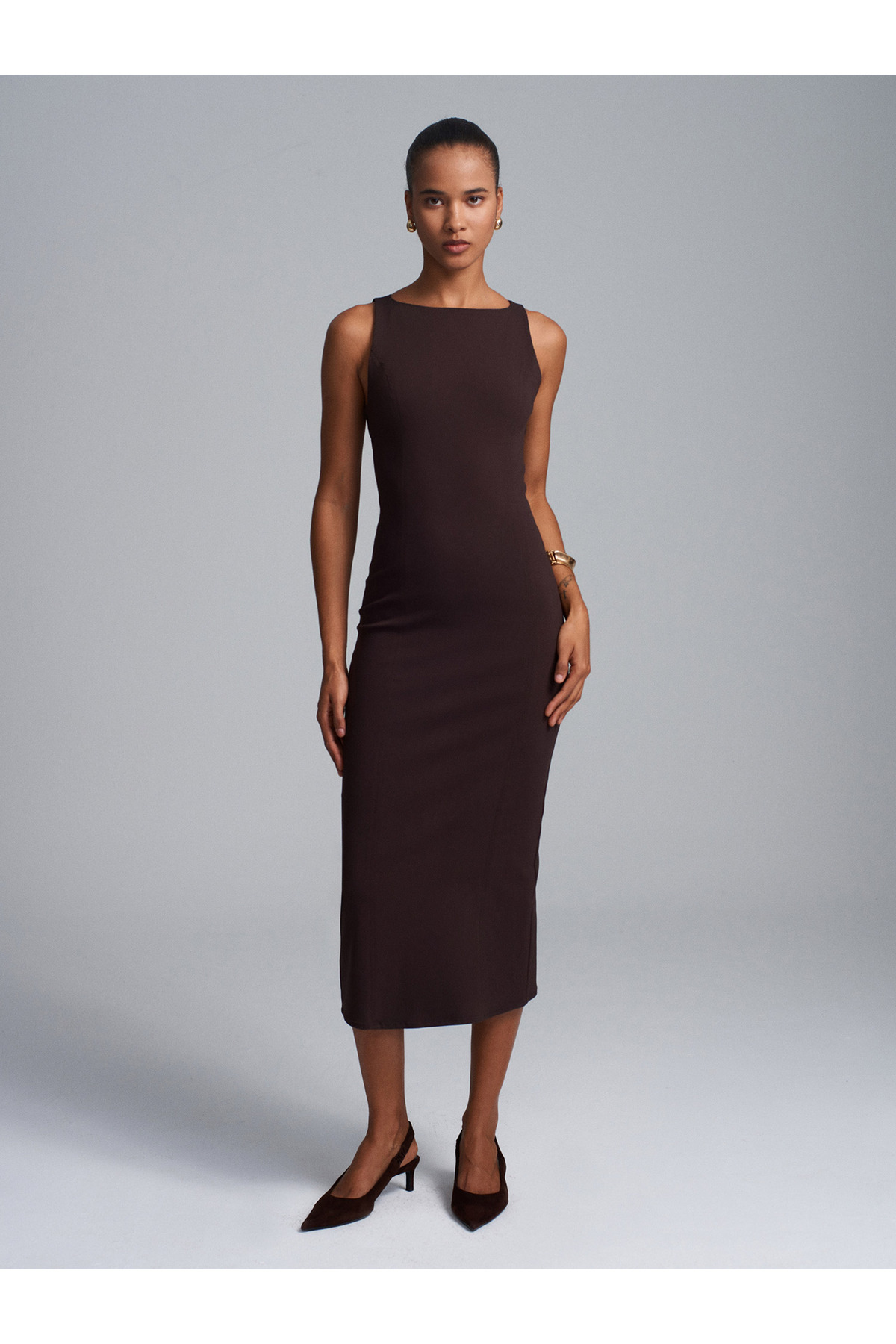 Dilvin  91099 Extra Slim Fit Midi Elbise-Koyu Kahve - Görsel 4