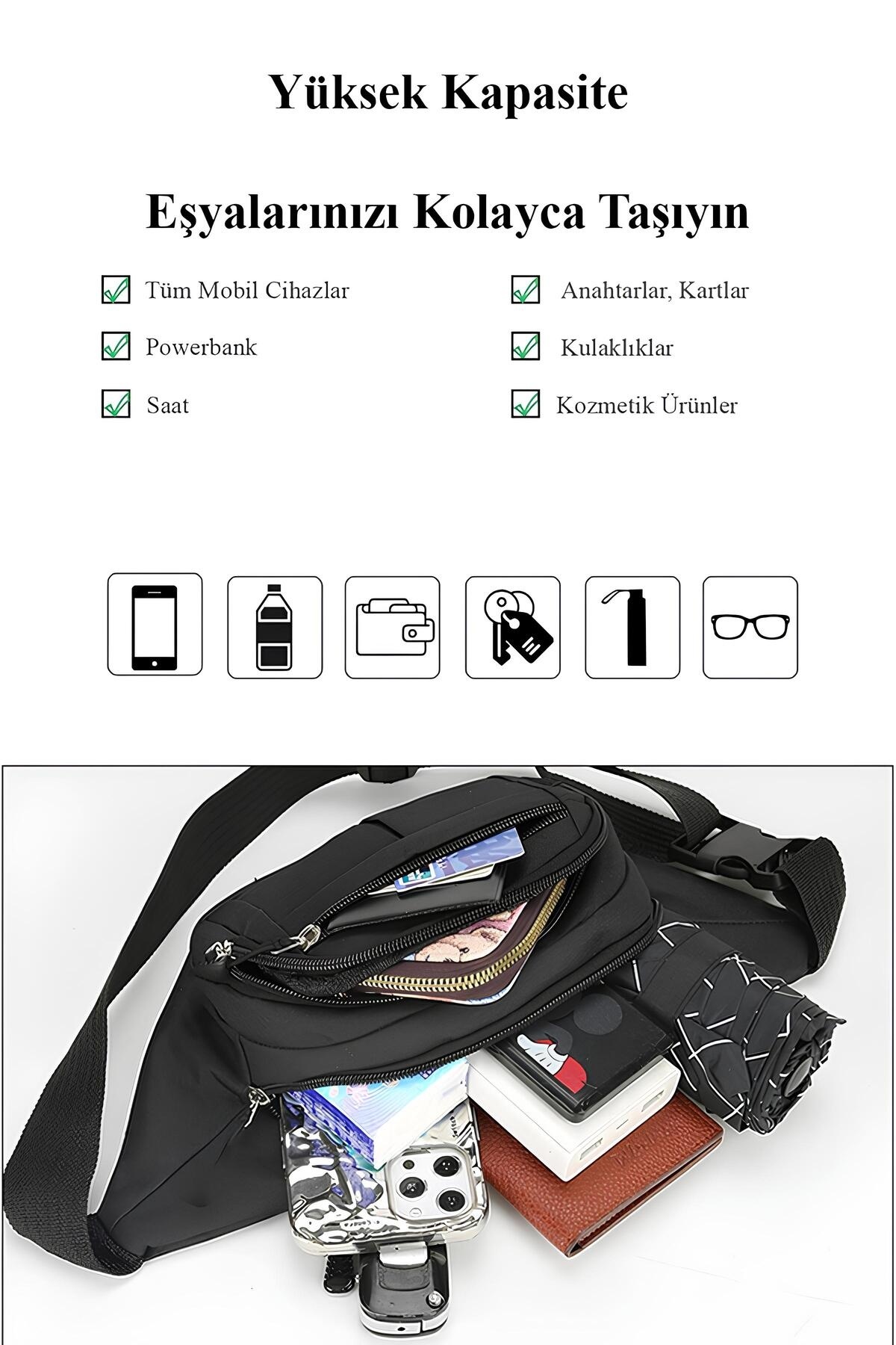 AVCA Siyah Unisex Suya Dayanıklı Çapraz Askılı Omuz Bel Çanta Günlük Yürüyüş Koşu Outdoor Çanta görsel 2