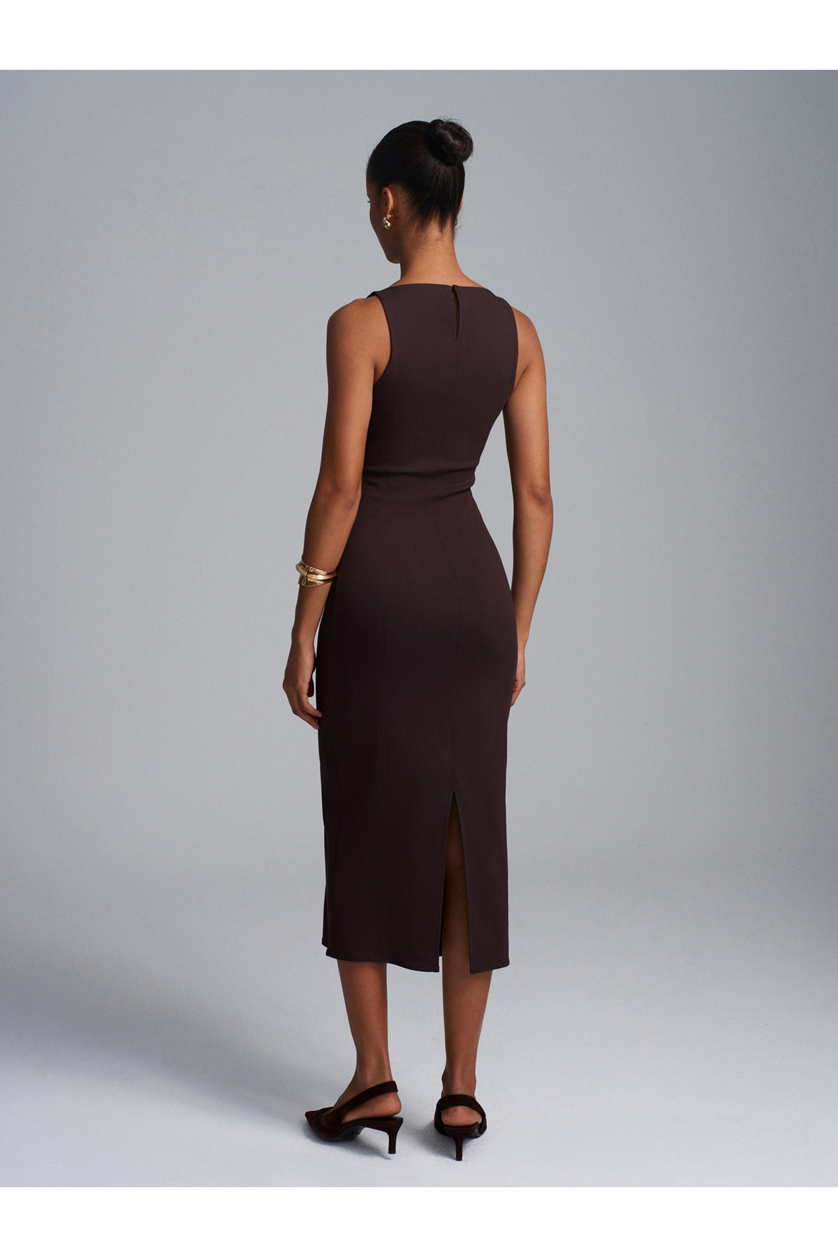 Dilvin  91099 Extra Slim Fit Midi Elbise-Koyu Kahve - Görsel 2