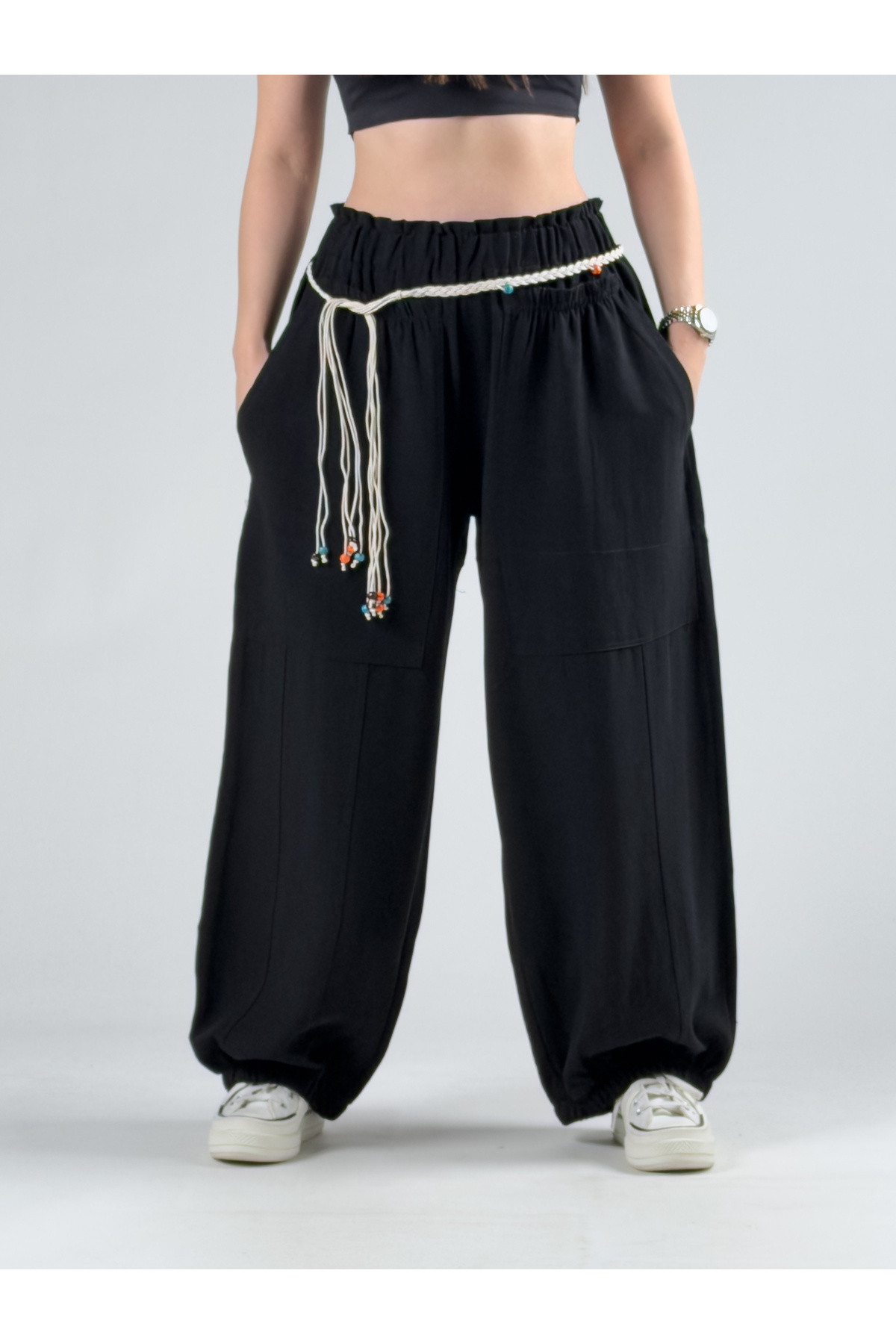 COCOPELLI  Tasarım Keten Siyah Baggy Pantolon COC2964 - Görsel 2