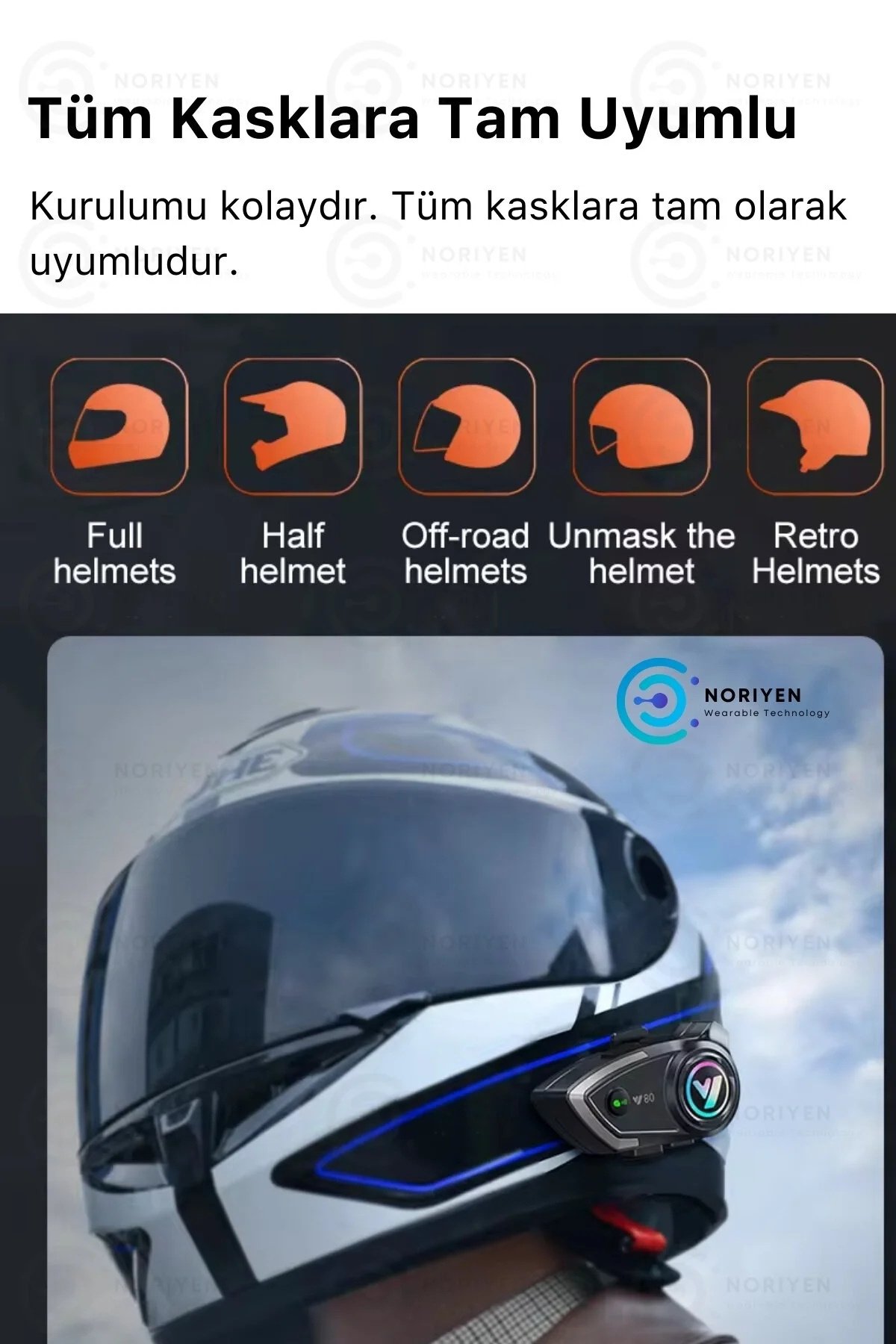Y80 Yeni Nesil Motosiklet Kask Interkom Mikrofonlu Gürültü Engelleyici 5.3 Bluetooth Işıklı Kulaklık