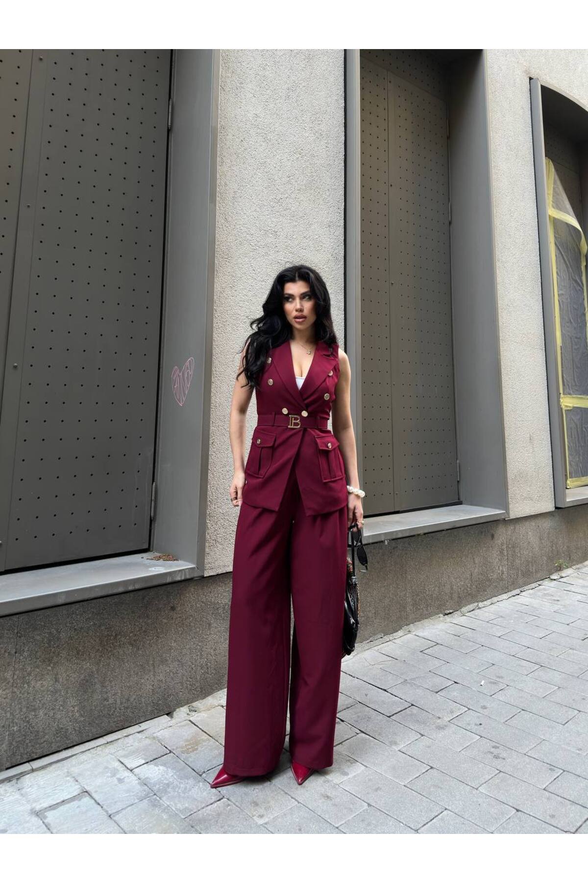 Costume tailleur veste avec ceinture B pour femme - Görsel 7