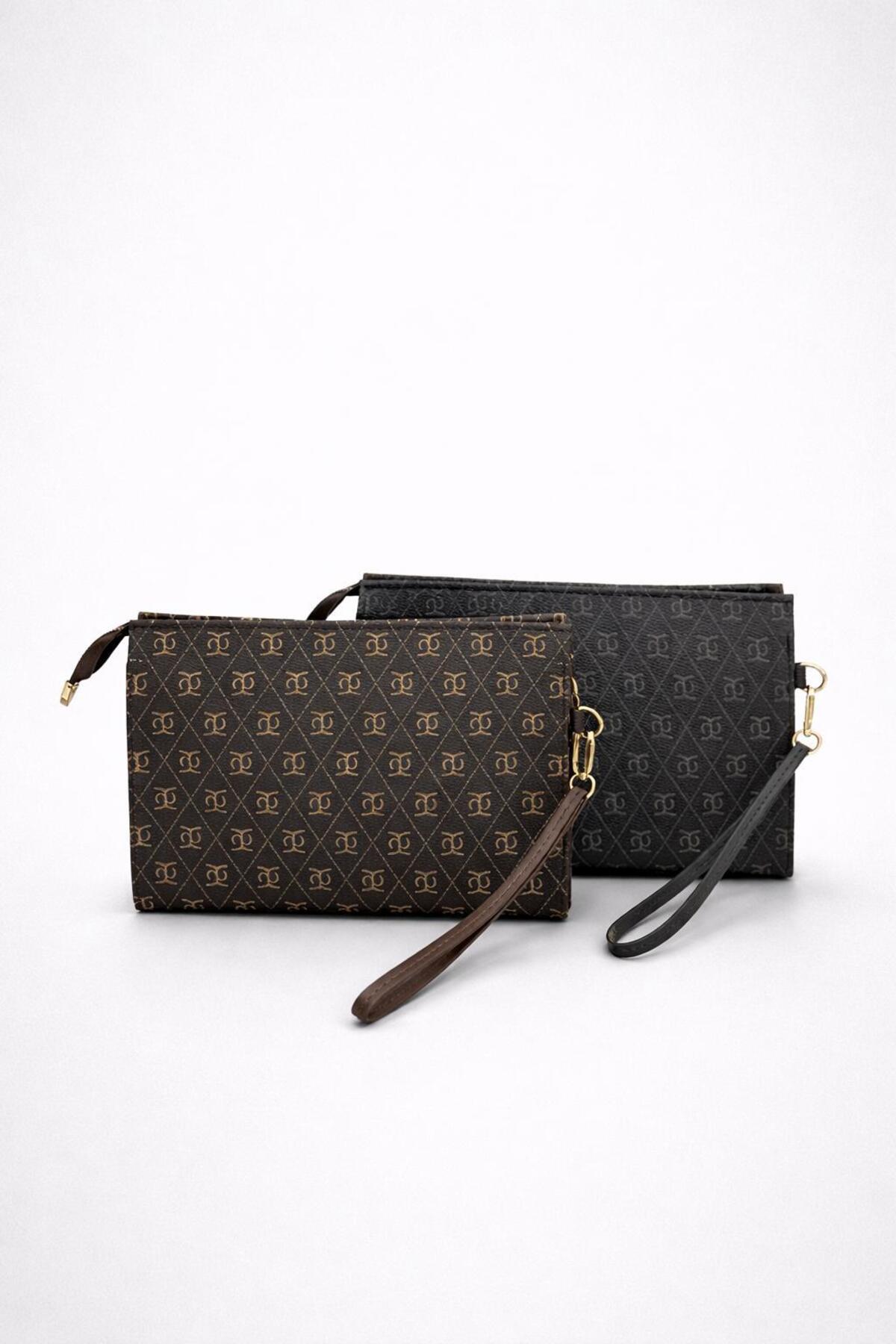 Nexora Kadın 2'li Monogram Desenli Clutch Çanta ve Cüzdan Seti