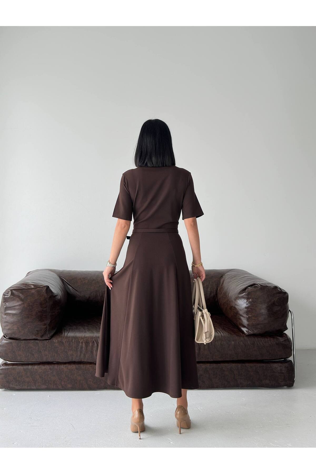 Belted Zip Detail Midi Dress - Görsel 3
