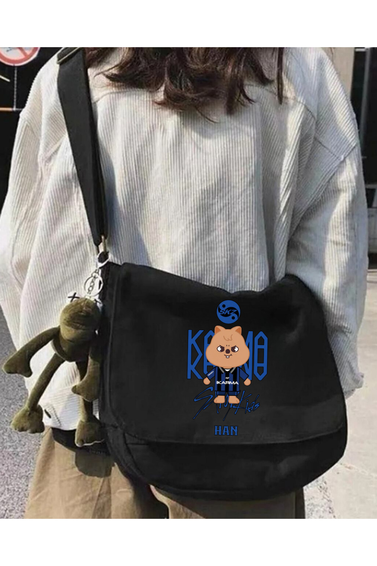 Toum Kpop Serisi Stray Kids Baskılı Unisex Siyah Postacı Çantası