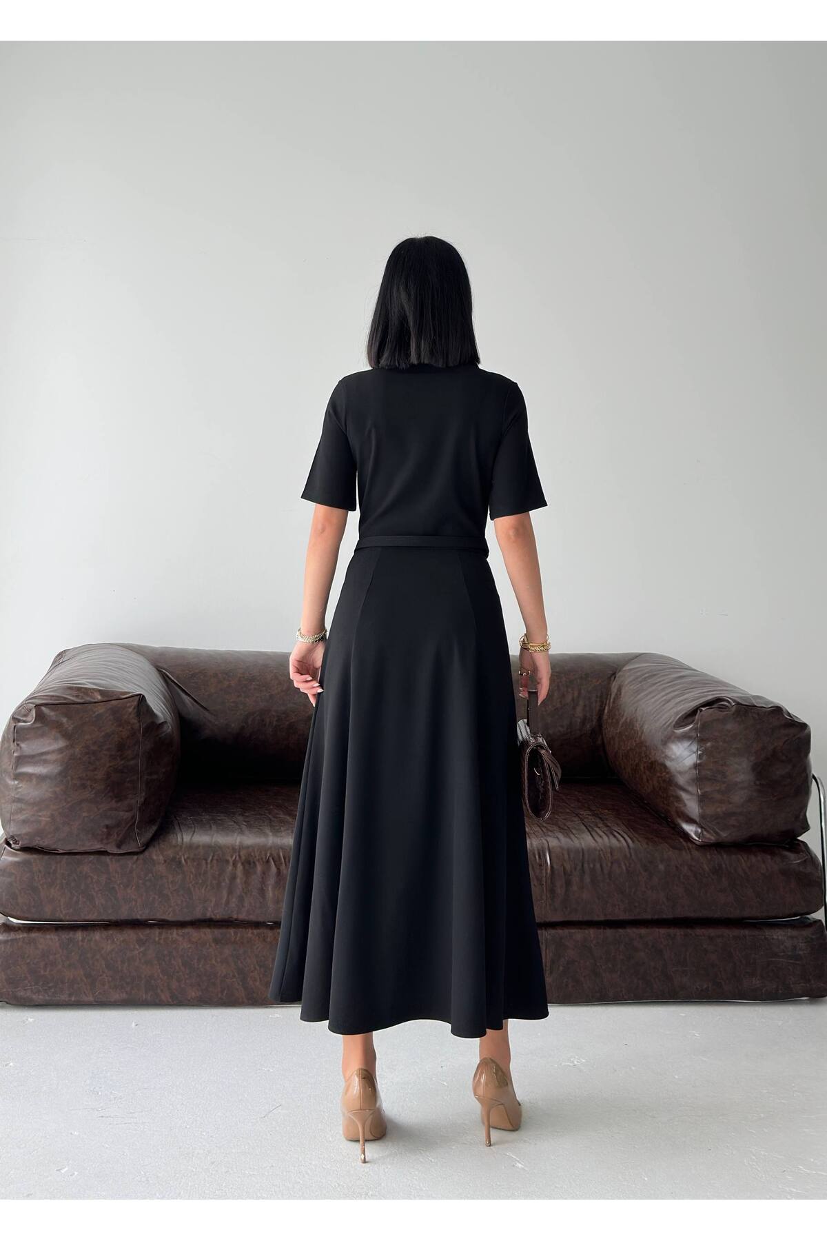 Belted Zip Detail Midi Dress - Görsel 3