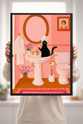 HandMadeBuy Şık Kedi Banyo Tablosu Dekoratif Poster Modern Pembe Banyo Duvar ...