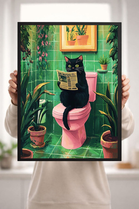 HandMadeBuy Komik Kedi Banyo Tablosu Gazete Okuyan Kedi Poster Dekoratif Çerç...